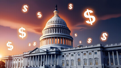 United States Capitol Building with dollar signs floating