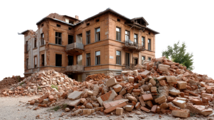 Old Brick Building in Ruins: A stately old brick building, its facade weathered by time, stands amidst a chaotic pile of rubble, telling a tale of forgotten grandeur and demolition.