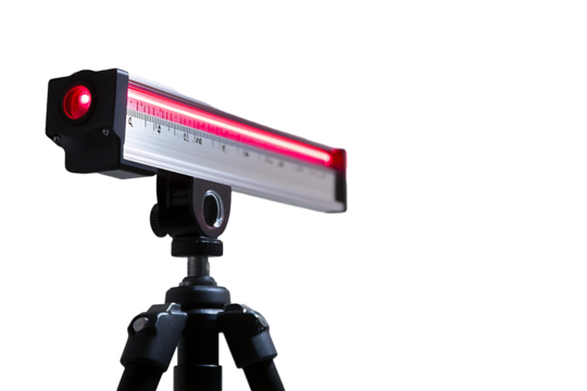 Red laser level mounted on tripod precise measurement tool,