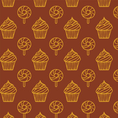 Line cup cake and lollipop seamless pattern.