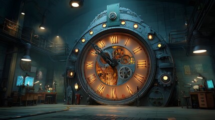 Obraz premium An elaborate clockwork inspired time gears and mechanisms glowing in the dim lighting of a mysterious steampunk style laboratory setting