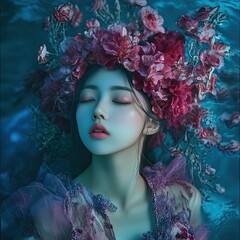 A woman wearing a flower crown is floating in the water