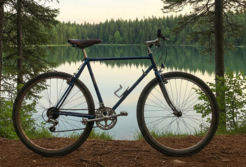 Mountain bike parked on a misty forest trail and water lake. Bike on the bank of a cloudy river.  symbol of ecological transport and active lifestyle. World Bicycle Day poster, banner or card. 