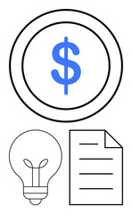 Blue dollar symbol inside a circular frame, lightbulb below, and document outline to the side. Ideal for finance, innovation, income, planning, strategy economics and business. Flat simple metaphor