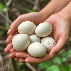 Chicken eggs in hands. Selective focus
