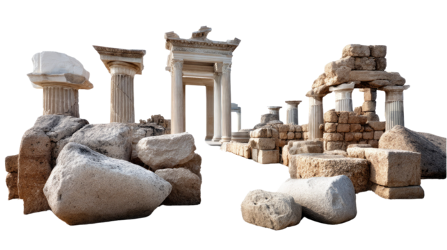 Ancient Ruins: Capturing the grandeur of a weathered ruin of a historical building, stone columns and archways.