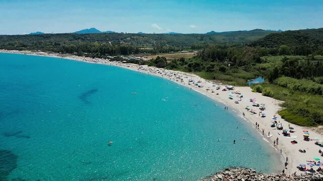 Aerial drone view of the Cea beach with the Red Rocks, Sardinia, Italy