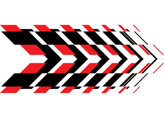 Vector arrow made of red and black geometric shapes on a white background. Design element with dynamic effect. Direction indicator. Navigation. Vector background in neo-constructive style
