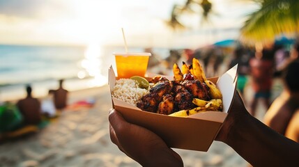Takeaway box with Caribbean street food held near a beach market - jerk chicken, grilled plantains, and sorrel drink captured in a sunny tropical atmosphere.