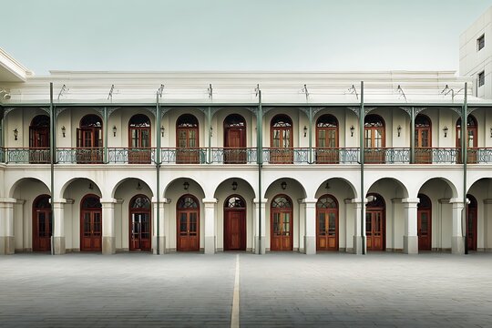 A symmetrical facade of a classical building with white walls, arches, columns, balconies, and doors in a traditional style. 