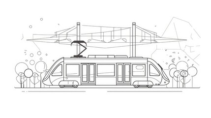 Fototapeta premium Modern tram design traveling through a futuristic urban landscape with trees and abstract structures in the background