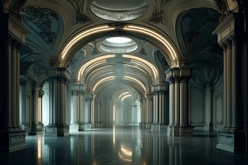 Fototapeta premium A majestic and serene long corridor in a neoclassical palace, filled with light and shadow.