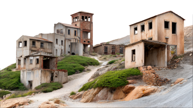 Ghost Town on a Hillside: A weathered and abandoned mining town clings to the side of a barren hillside, a stark reminder of the past.