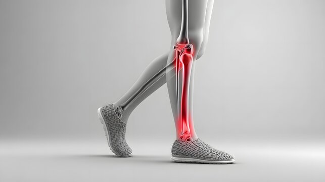 Close up 3D rendering of the lower leg showing the shin area with visible red inflammation and irritation commonly associated with shin splints or medial tibial stress syndrome