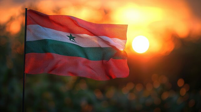 The Sudanese flag waves at sunset against a blurred background
