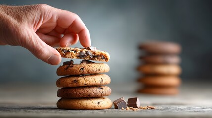 Close up of a hand reaching to select a freshly baked chocolate chunk cookie from a neatly stacked pile on a rustic wooden surface