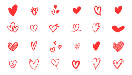 Set of red hearts in various poses and styles.Set of doodle hearts. A playful collection of heart illustrations — perfect for stickers, cards, prints, and romantic designs.