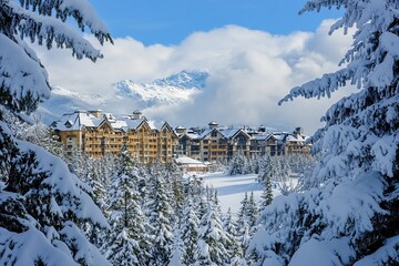 The view of the town and ski slopes in Whistler, with snow on them, snow-covered trees and mountains