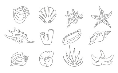 Obraz premium Minimalist one line seashell illustration. Hand-drawn continuous line art of ocean shell, perfect for modern coastal decor, logo design, tattoos, packaging, and beach-themed projects. 