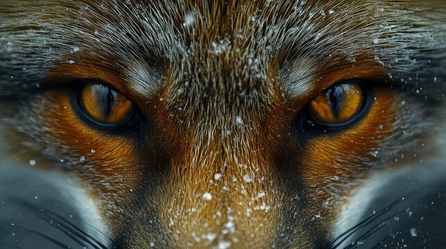 Close-up of a fox's face covered in snow