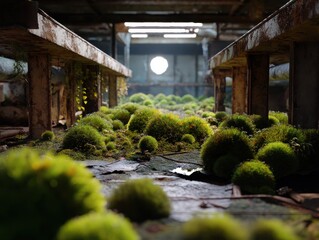 Moss-covered landscape inside a dilapidated industrial structure, contrasting decay and natural growth in a unique way.