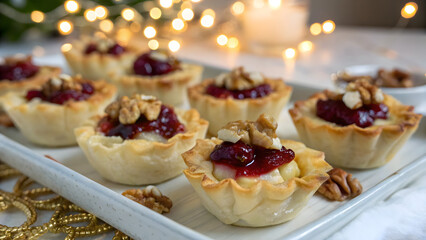 Holiday dessert bites of cranberry Brie tarts with nut topping 