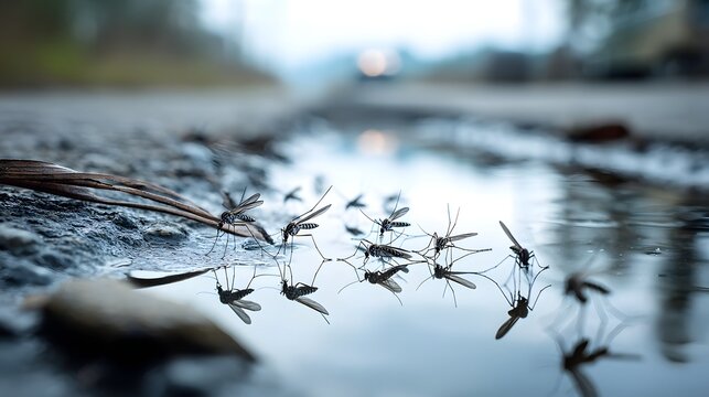 Close up view of a swarm of mosquitoes gathered around a shallow stagnant puddle of water highlighting the potential disease risk posed by their presence