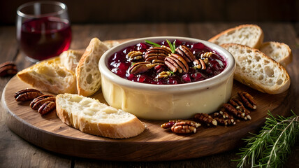 Baked Brie with cranberry sauce, pekan and fresh thyme 