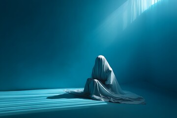 A woman in a white sheet sits alone in a blue room, shrouded in mystery and vulnerability.