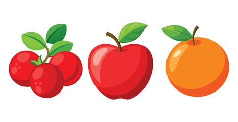 Fruits Flat Design Icon Set, array of colorful organic fruits and vegetables laid out on a rustic wooden table surrounded by a lush garden illuminated by soft daylight.