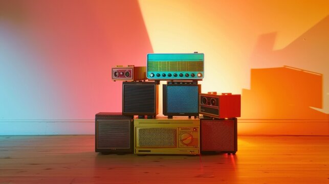 Vintage retro stacked radios and amplifiers