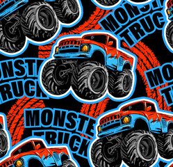 Abstract seamless grunge pattern for boy. Grunge  Monster Truck  trace of tire on colorful background. Extreme style