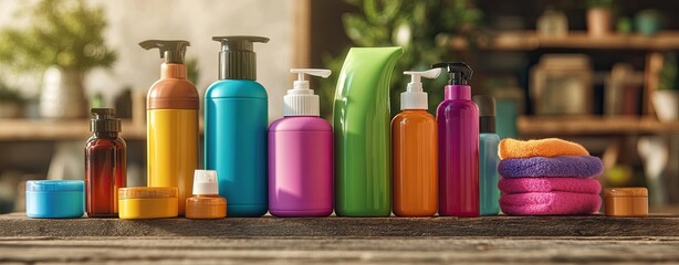 A colorful assortment of bottles and containers of various sizes