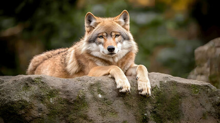 Naklejka premium Relaxed Wolf On Rocky Outcrop
