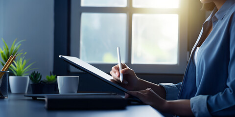 Woman using graphic tablet digital pen for creative design work at home office desk workspace for artist