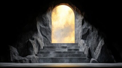 Dark cave with glowing archway and stairs