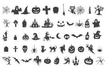 This spooky Halloween vector set includes a variety of black silhouette icons representing classic Halloween elements. Featuring pumpkins, bats, ghosts, witches, haunted houses, spiders, and more.