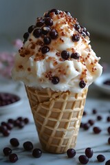 Shaved milk ice cream cone with brown sugar boba pearls
