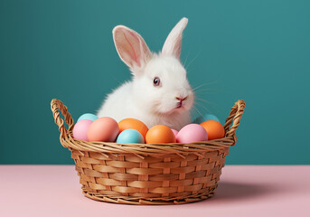 Adorable Fluffy White Rabbit in a Basket with Colorful Easter Eggs