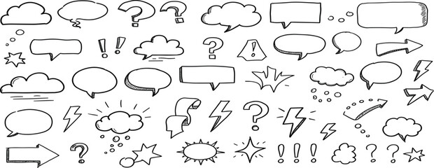 Speech bubble text frame dialog cloud hand drawn set. Crayon chalk doodle talk speech bubble frame. Hand drawn line chalk frame, think balloon, children doodle text cloud icon