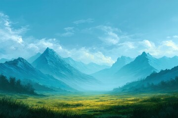 Obraz premium Valley Landscape with Misty Mountains and Cloudy Sky Nature Illustration