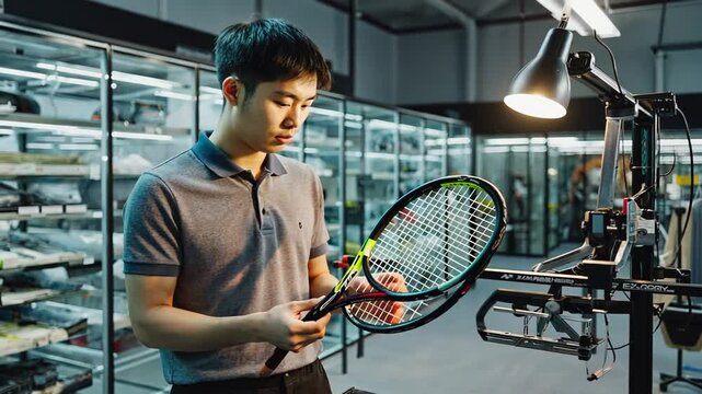 Racquet stringer stringing a racket.