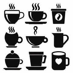Obraz premium A Set of Nine Black Silhouette Icons Representing Various Coffee Cups, Mugs, and Beverages with Steam
