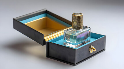 Elegant and sophisticated luxury perfume packaging featuring a glass bottle with gold foil accents enclosed in a sleek black box with a magnetic closure for a premium high end display
