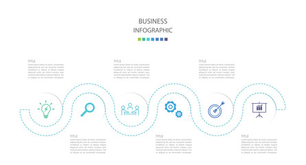 Business infographics line process with template with icons and 6 options or steps.infographics of business,idea,research,meeting,process,goal,report.for infographics design template