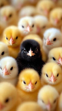 A black chick surrounded by yellow chicks. 