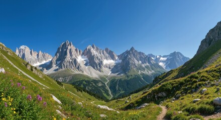 Majestic mountain range under a clear blue sky with lush greenery  