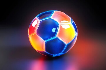 Naklejka premium Vibrant soccer ball illuminated with colorful lights on a dark background, showcasing its design