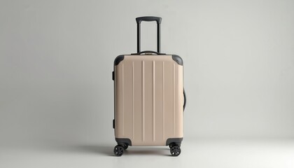 Stylish travel suitcase with blank design space isolated on white backdrop. Beige trolley luggage with handle, wheels, mockup for travel agency promotions, journey, tourism. Perfect for branding