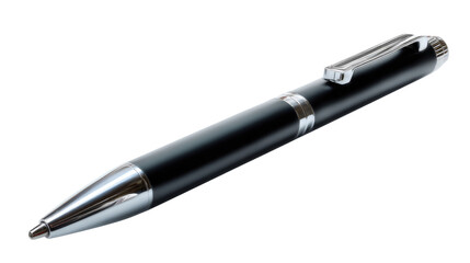 Sleek Black Ballpoint Pen: A sophisticated black ballpoint pen with silver accents, isolated on a white background, showcasing its elegant design and professional appeal.